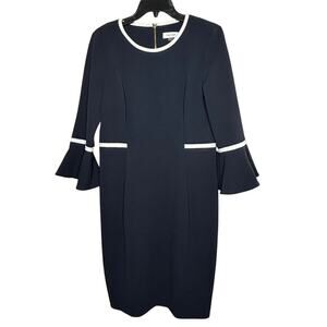 Calvin Klein Navy White Bell Sleeve Sheath Piped Trim Knee Length Dress Size 12